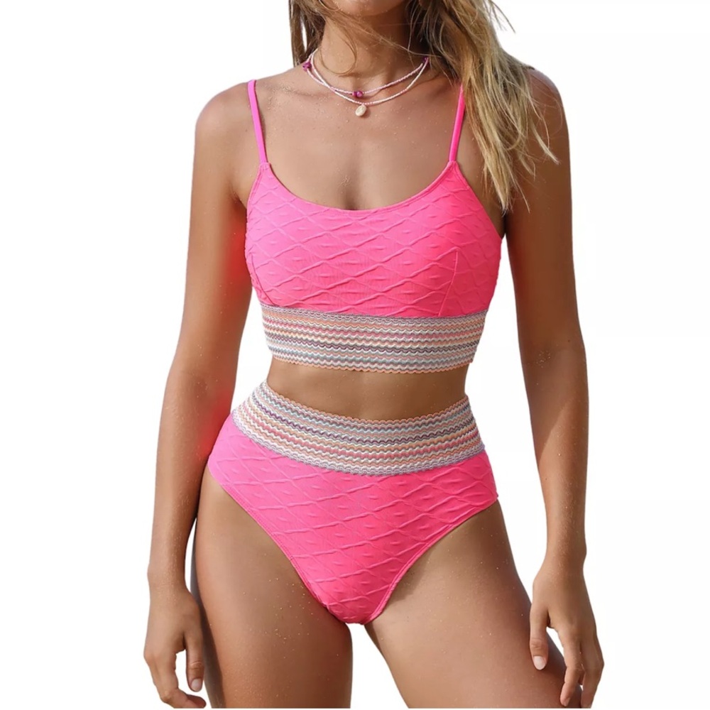 Cupshe Pink Textured Geo-Stitch Scoop Bralette High Waist Bikini Swimsuit XS & S